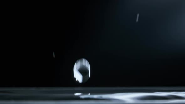 Drop of Water Falls on the Water Surface in Slow Motion Macro Shot