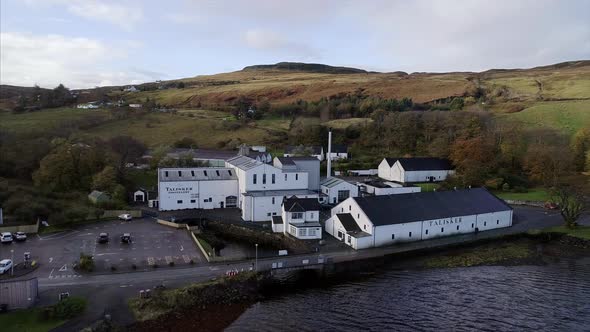 Aerial of a Distillery in Carbost Village Isle of Skye