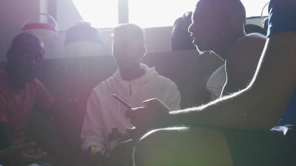 Group of soccer players in the locker room