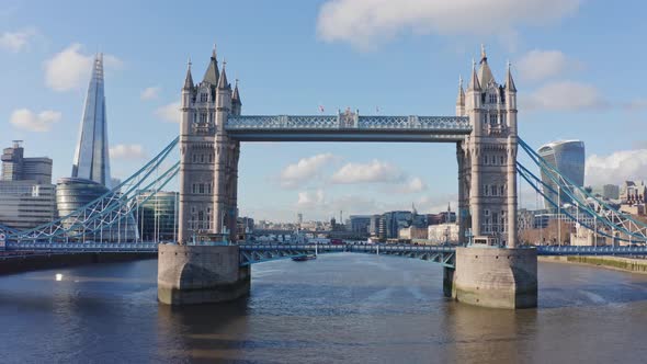 Aerial rising shot of Tower Bridge London close up