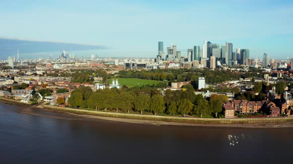 Aerial Panoramic View of the Canary Wharf Business District in London