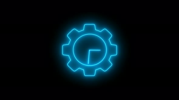 Gear Design Cyan Neon Light Clock Isolated On Black Background