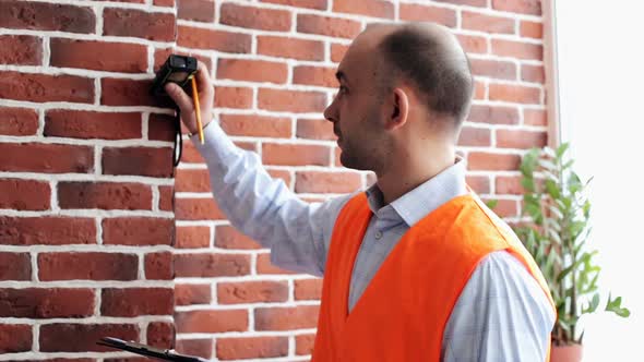 A builder engineer makes measurements of the premises in the building.