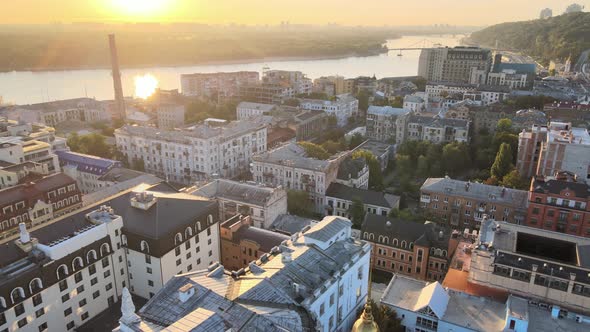 Historical District of Kyiv - Podil in the Morning at Dawn. Ukraine. Aerial View