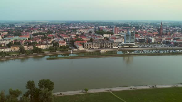 Aerial view of the Drava river and the city center in Osijek, Croatia.