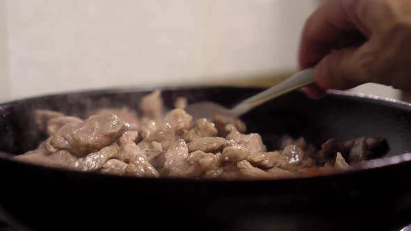 Woman's hand spoons meat in frying pan. Close-up.