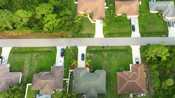 Aerial View of Small Town America Suburban Landscape with Private Homes Between Green Palm Trees in