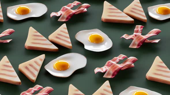 Breakfast. Fast-food snacks. Animation of fried eggs, bacon and french toasts.