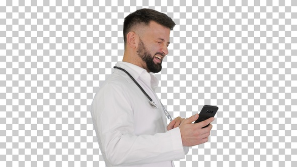 Arab doctor walking using smartphone and laughing, Alpha Channel