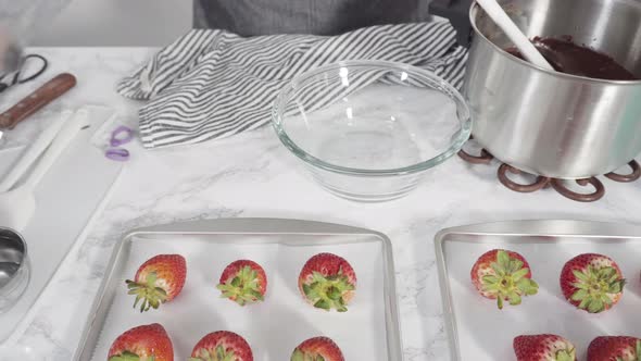 Step by step. Melting chocolate chips to prepare chocolate dipped strawberries.