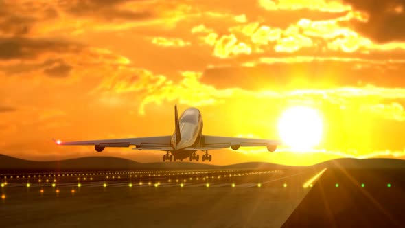 Passenger Airplane Landing Against Sunset Caught By Camera