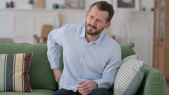 Young Man with Back Pain Sitting on Sofa 