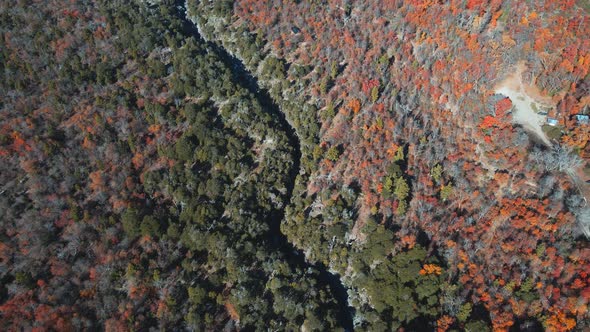 Aerial view of Radal 7 Tazas three color vegetation in autumn season in Chile