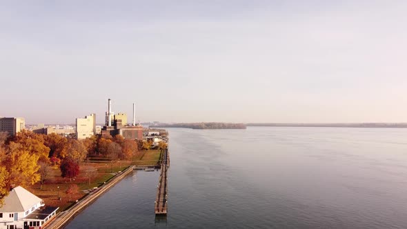 Shut Down Power Plant Along Detroit River During Autumn At Sunrise Near Wyandotte, Michigan, USA. -