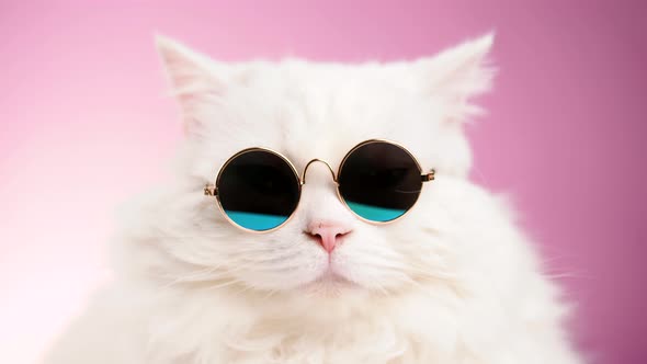 Stock video  Close portrait of white furry cat in fashion sunglasses Studio footage