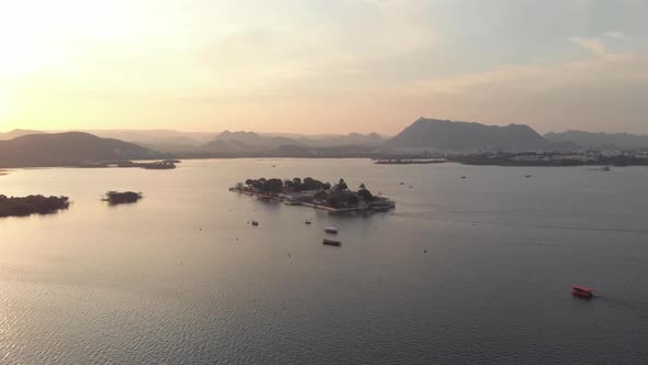 Aerial view of Jag Mandir, palace built on an island in the Lake Pichola, Udaipur, India