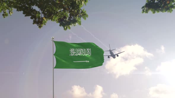 Saudi Arabia Flag With Airplane And City -3D rendering