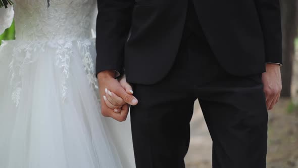 Wife in Stylish Dress and Husband in Suit Walk Joining Hands