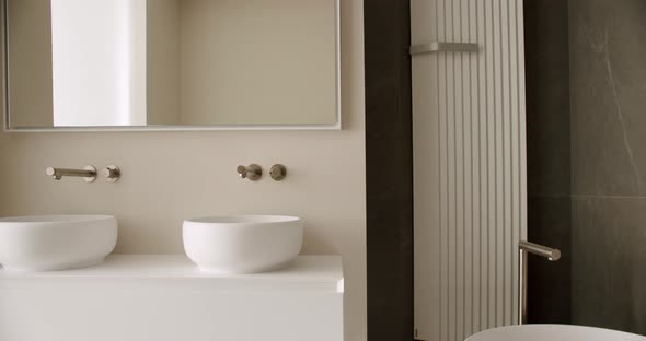 Luxury Bathroom Interior and White Washbasin and Mirror in Modern Interior