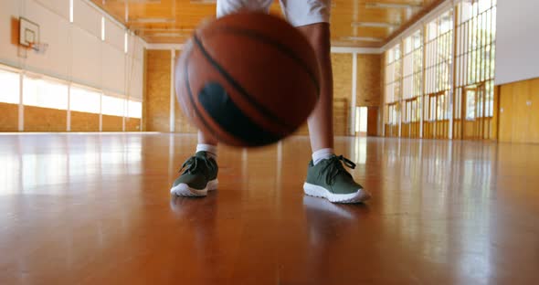 Portrait of schoolboy holding basketball in basketball court