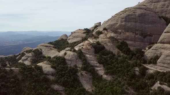 Abandoned Church On A Mountain In The Montserrat Mountain Range. Drone Shot.