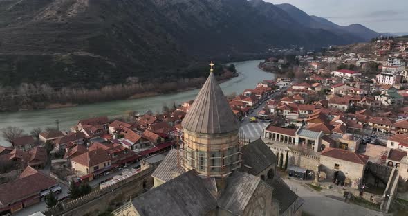 Aerial view of Orthodox Svetitskhoveli Cathedral in Mtskheta, Georgia