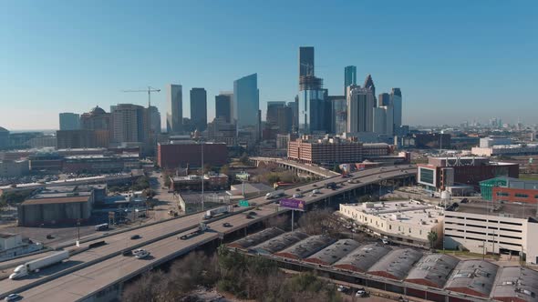 Drone view of downtown Houston on a sunny day.
