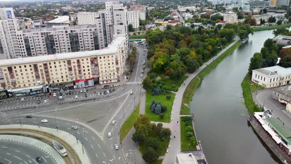 Kharkiv city streets, aerial Skver Strilka park