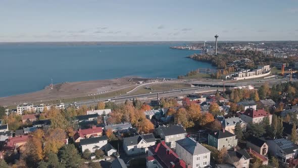 drone footage of Tampere and Näsineula in distance aerial footage