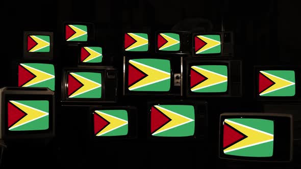 The flag of Guyana, known as The Golden Arrowhead, on Retro TVs.