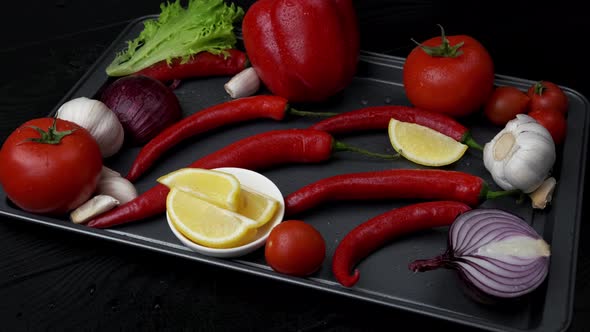 Pepper with Herbs and Spices Ingredient for Tomato Sauce on Wooden Background Top View