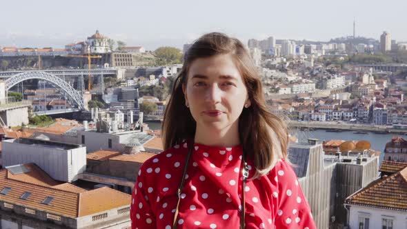 Woman Tourist Portrait and Panoramic View on Old City on Background