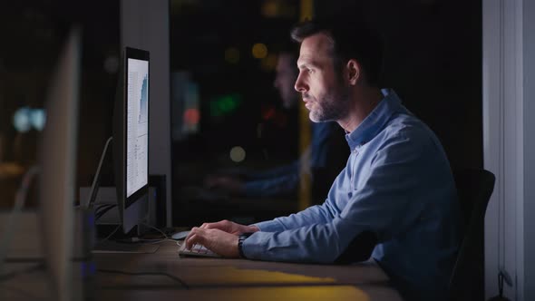 Caucasian adult businessman working to late at the office. Shot with RED helium camera in 8K.