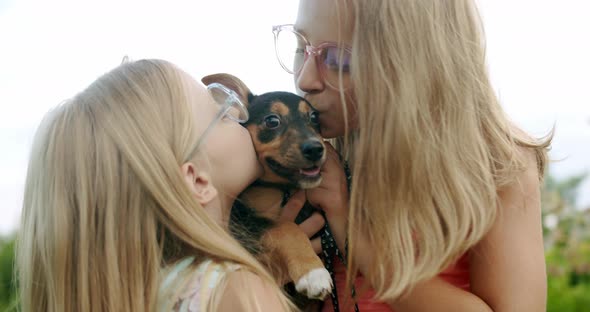 Two Girls Hug and Kiss a Small Dog Plays with Adorable Puppy Outdoors