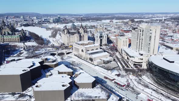 AERIAL - Freedom Convoy protests in Canada