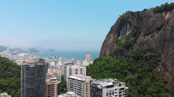 Hills, Mountains, Buildings, Skyscrapers, Ocean (Rio De Janeiro, Brazil) Aerial View, Drone footage