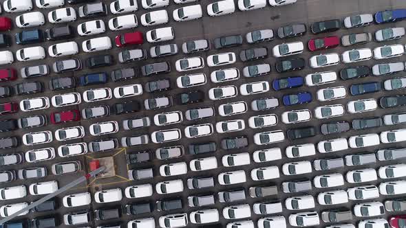 Aerial View of the Parked New Cars at the Automotive Plant.