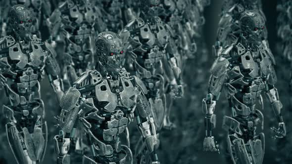 Grungy Robots Walking Forward 4k