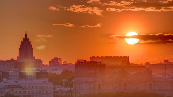 Panorama with Stalin Skyscraper During Sunset Timelapse in Moscow Russia