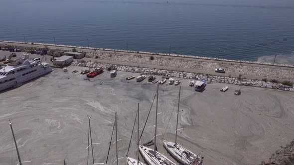 Aerial view of mucilage along the coast near the harbour at the Marmara Sea coast of Istanbul.