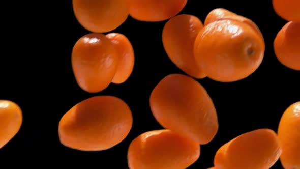 Closeup of the Ripe Orange Kumqats Falling Diagonally on the Black Background