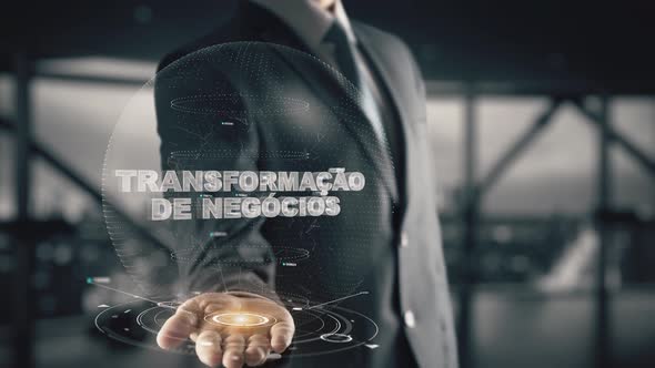 Business Transformation in Portuguese Language with Hologram Businessman Concept