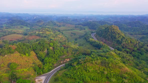 Scenic Road Surrounded With Lush Mountain Vegetation At Carretera Samana, Las Terrenas, Dominican Re