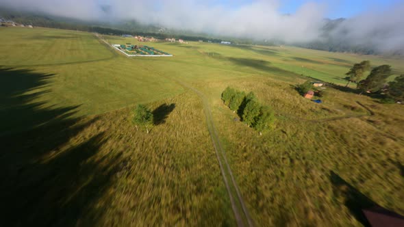 Aerial View Touristic Camping Countryside Infrastructure with Path and Building at Mountain Valley