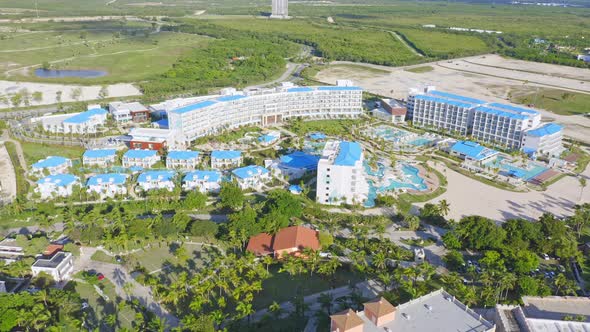 Tui Blue Sensatori luxury resort and surrounding landscape, Cap Cana in Dominican Republic. Aerial c