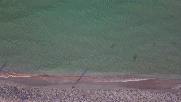 Aerial Drone View of a Beautiful Beach and Sea Water on Sunrise with Man Walking on the Beach