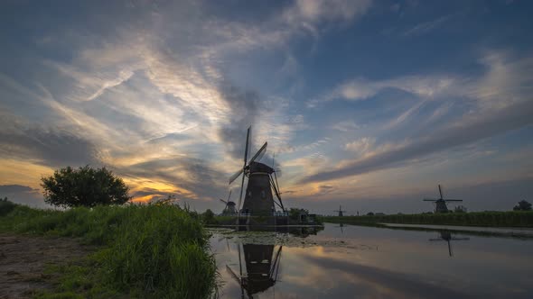 Timelapse of a Sunset Above Old Dutch Windmills in Kinderdijk Netherlands