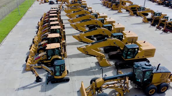 Heavy Construction Equipment Store, Excavator, Bulldozer, Grader, Front Loader, Aerial View