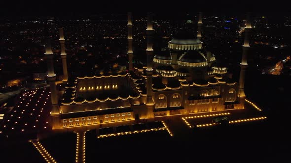 4k Night Aerial view of Camlica the biggest Mosque in Turkey Istanbul 4