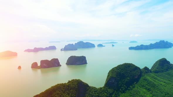 Aerial view from a drone over many islands at Phang Nga Bay